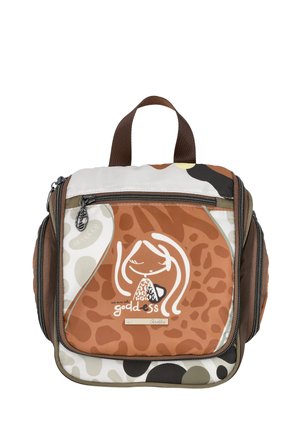 Bolso cuadrado con diseño marrón y beige, bolsillo frontal con cremallera, asa superior y gráfico de una mujer con texto "we are all goddess" en la parte delantera.