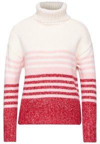 Maglione a collo alto lavorato a maglia in morbido crema, con sottili strisce rosa e rosse. Presenta una texture a coste e una vestibilità ampia con maniche lunghe e un orlo accentuato.