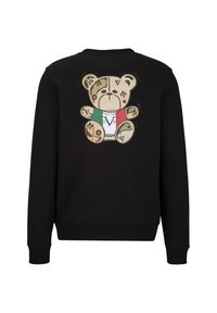 Schwarzer Pullover mit einem Bär-Motiv, das die Farben und Logos der italienischen Flagge integriert. Rundhalsausschnitt und gerippte Bündchen.