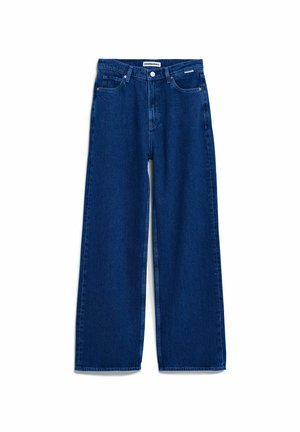 Jeans met hoge taille en wijde pijpen in donkerblauw denim. Voorzien van vijf zakken, een ritssluiting aan de voorkant en klinknagelaccenten. Dikke stof, gladde textuur.