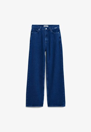 Jeans met hoge taille en wijde pijpen in donkerblauw denim. Voorzien van vijf zakken, een ritssluiting aan de voorkant en klinknagelaccenten. Dikke stof, gladde textuur.