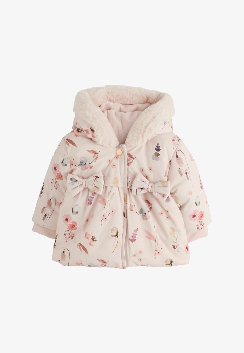 Baby pink hooded winter jacket with floral print, two fabric bows on the front, and soft plush lining inside the hood.