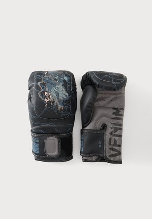 Par de guantes de boxeo Venum de 10 oz en negro y gris, uno con un gráfico detallado de un dragón azul, fotografiados sobre un fondo blanco.