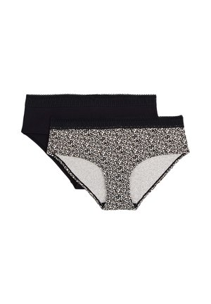 Deux culottes hipster pour femmes, une noire et une avec imprimé léopard, toutes deux avec une ceinture en dentelle, posées à plat sur fond blanc.