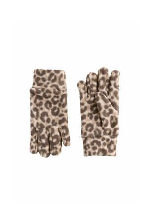 Leopardprint handschoenen van zachte stof, met een textuur oppervlak, een beige achtergrond en bruine vlekken, met een ontwerp dat de vingers bedekt.