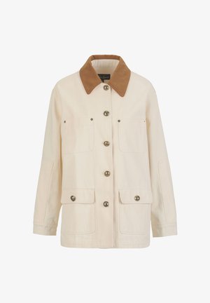 Kremas striukė su rudu zomšos apykakliu, sidabriniais mygtukais ir dviem priekinėmis kišenėmis. Audinys turi lygią tekstūrą ir atsitiktinį dizainą.