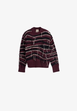 Maroon knitted sweater with black and white horizontal stripes, featuring frayed edges and a ribbed neckline and hem.