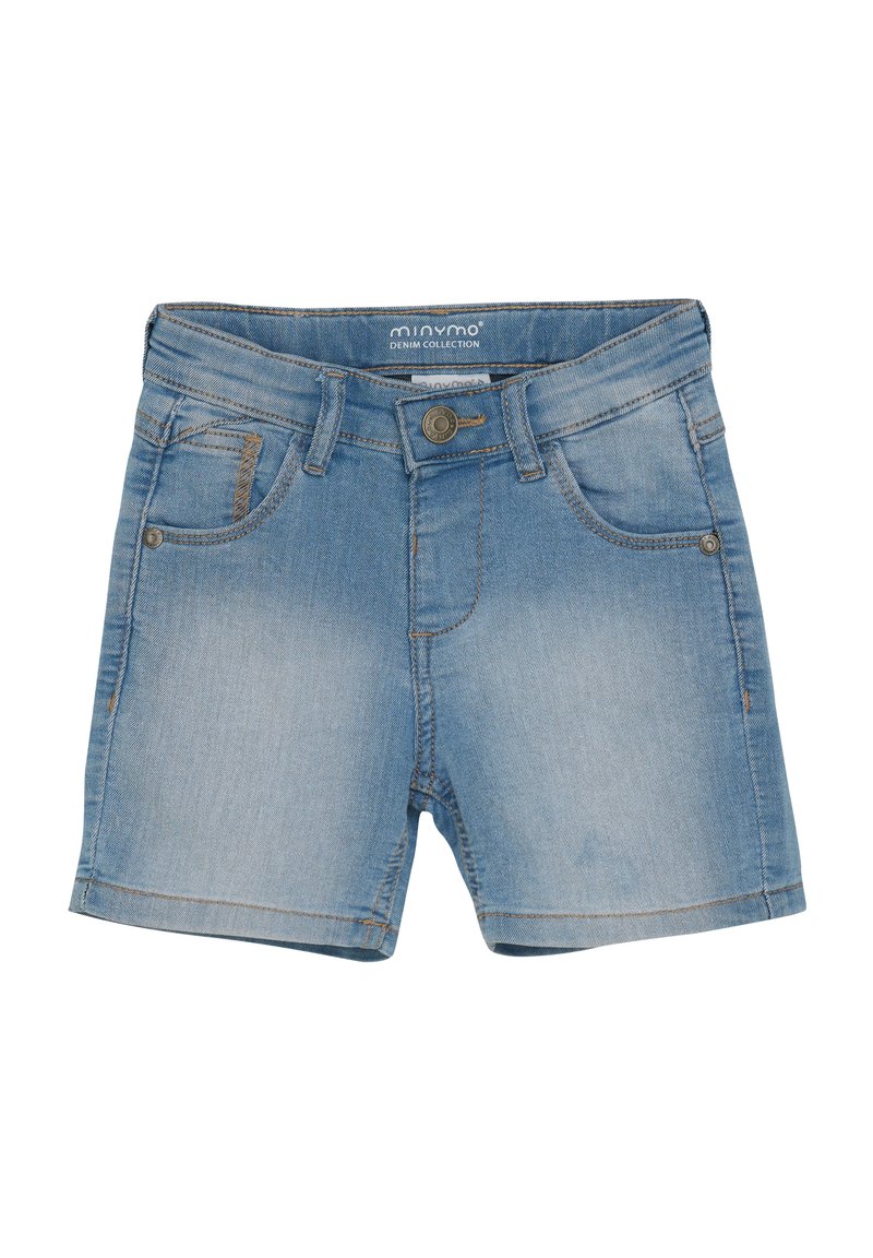 Jeans kratke hlače v svetlo modri barvi s klasičnim petim žepom, sprednjim gumbom za zapiranje in kontrastnim šivom. Gladka tekstura.