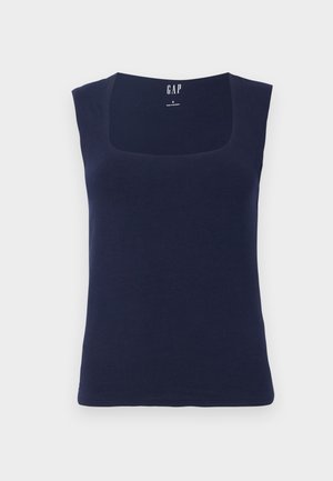 Top sans manches bleu marine en coton doux, présentant un décolleté carré et une coupe ajustée avec des bords nets et finis.