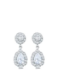 Boucles d'oreilles ton argent avec un clou rond en sertissage pavé, et une goutte en forme de poire entourée de petites pierres, soulignant un effet scintillant.