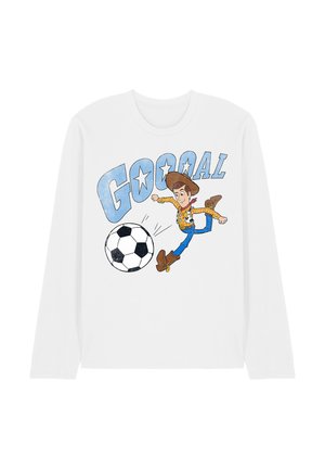 Weißes Langarmshirt mit einem Comic-Cowboy, der einen Fußball tritt, und großem blauem Schriftzug „GOOAL“ über der Figur.