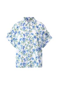 Short-sleeve floral shirt in white, featuring blue flowers and green leaves. Button-up design with a collar and rolled sleeve accents.