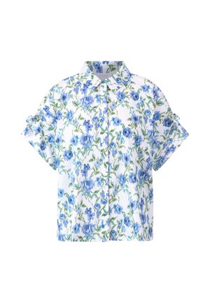 Short-sleeve floral shirt in white, featuring blue flowers and green leaves. Button-up design with a collar and rolled sleeve accents.