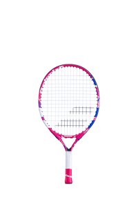 Raqueta de tenis con un marco rosa y azul, empuñadura blanca y encordado en patrón de cuadrícula. El diseño incluye una cabeza redondeada y un cuello afinado.