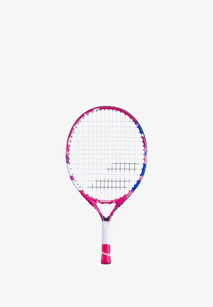 Racchetta da tennis con un telaio rosa e blu, impugnatura bianca e corda a motivo a rete. Il design presenta una testa arrotondata e un collo assottigliato.