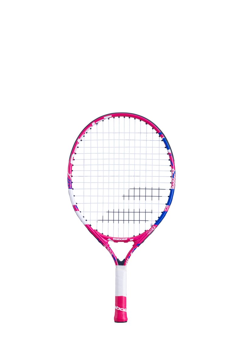 Raqueta de tenis con un marco rosa y azul, empuñadura blanca y encordado en patrón de cuadrícula. El diseño incluye una cabeza redondeada y un cuello afinado.