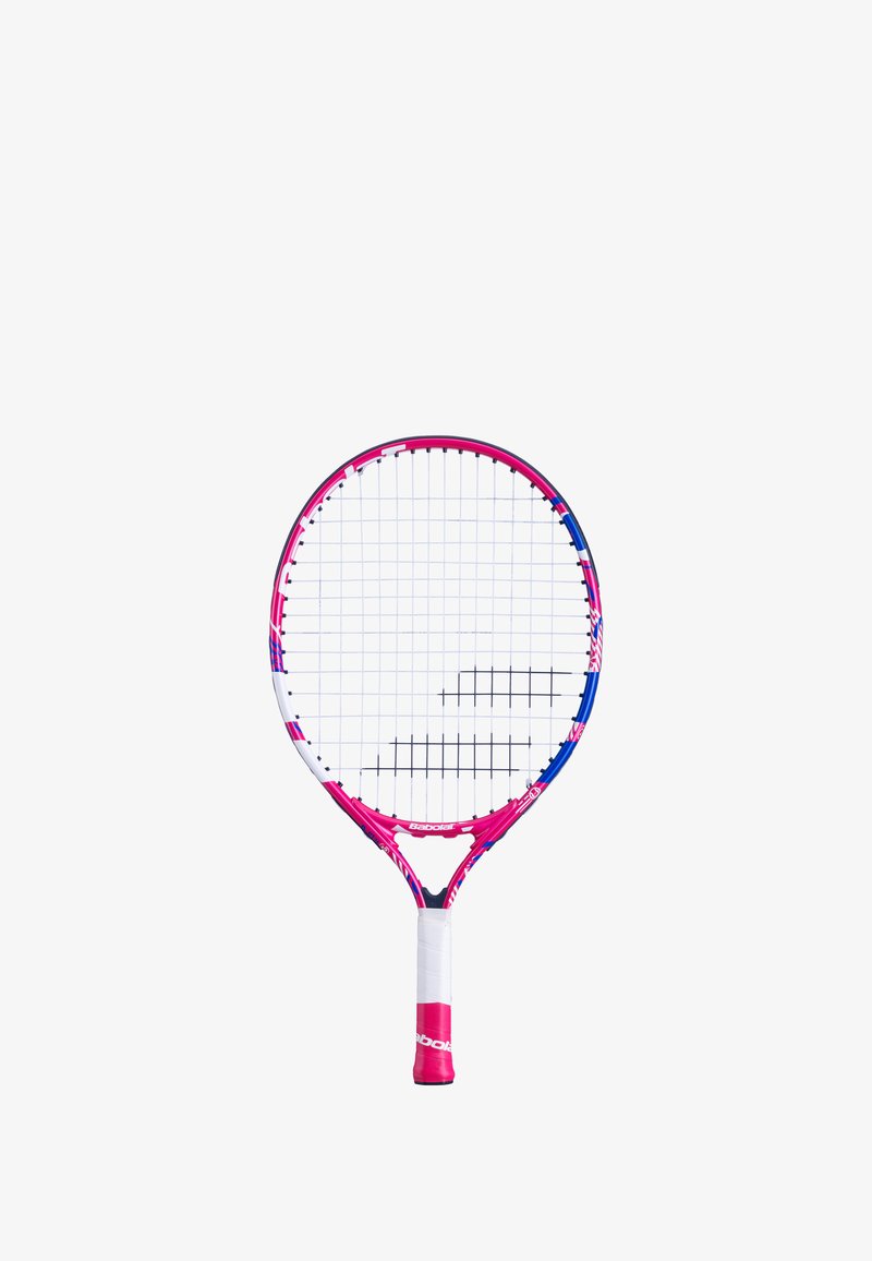 Raqueta de tenis con un marco rosa y azul, empuñadura blanca y encordado en patrón de cuadrícula. El diseño incluye una cabeza redondeada y un cuello afinado.