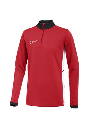 Czerwona sportowa bluzka z długim rękawem, czarnym kołnierzem, zamkiem do ćwiartki, białymi panelami po bokach, czarnymi mankietami i białym logo Nike na piersi.