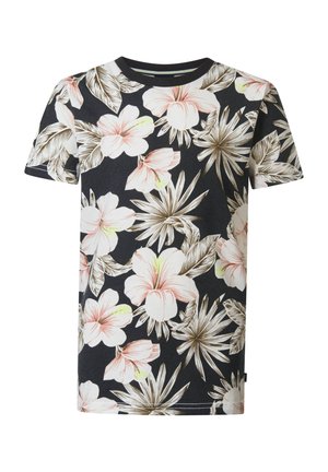 Korte mouwen t-shirt van zwart katoen, met een roze en crèmekleurig bloemenpatroon, voorzien van groene accenten en een ronde hals.