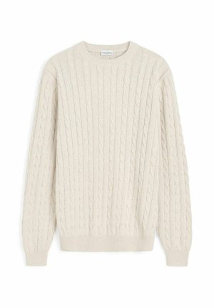 Kermanvalkoinen, pitkähihainen paksuneulottu villapaita, jossa on resorit hihansuissa, helmassa ja pyöreässä pääntiessä, aseteltu tasaiselle valkoiselle taustalle.