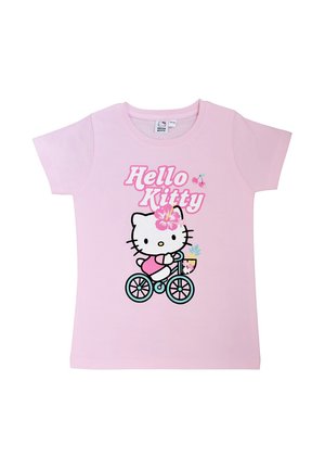 Rosa Kinder-T-Shirt mit der Aufschrift „Hello Kitty“ und einer Cartoon-Hello-Kitty, die ein blaues Fahrrad mit einer Blume auf dem Kopf fährt.
