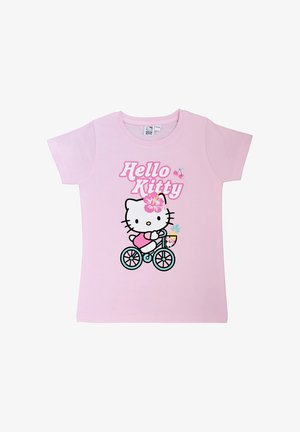 Maglietta rosa per bambini con la scritta "Hello Kitty" e una Hello Kitty dei cartoni animati che guida una bicicletta blu con un fiore in testa.