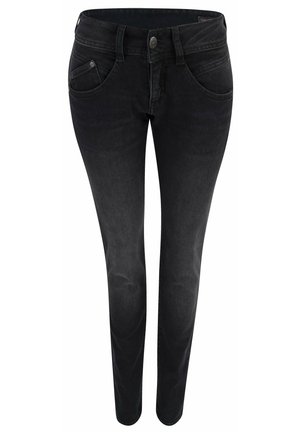 Czarne jeansy slim fit z denimu, zapinane z przodu na guzik i zamek błyskawiczny, z pięcioma kieszeniami i szlufkami na pasek.