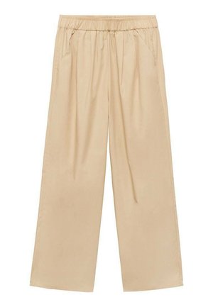 Pantaloni beige a gamba larga realizzati in tessuto morbido, con vita elasticizzata e pieghe frontali. Presentano tasche laterali per maggiore comodità.