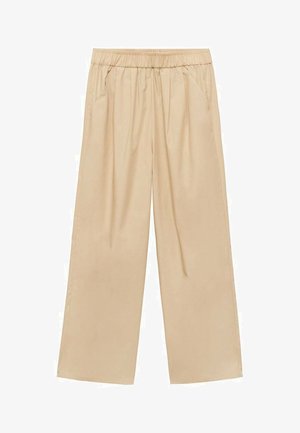 Beige wide-leg trousers made of smooth fabric with an elastic waistband and front pleats. Features side pockets for convenience.