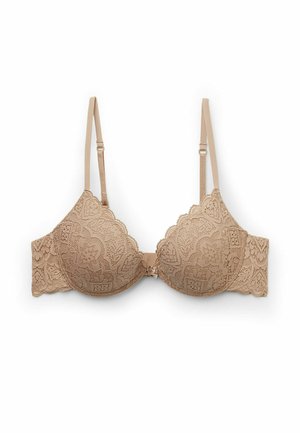 Kant bh in een lichte beige kleur met geschulpte randen, voorzien van gestructureerde bloemenpatronen, verstelbare bandjes en een sluiting aan de voorkant.