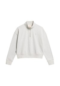 Lichtgrijze, verkorte sweatshirt met een hoge kraag en halve rits. Beschikt over ribgebreide manchetten en zoom, gemaakt van zachte, gestructureerde stof. Subtiele logodetail.