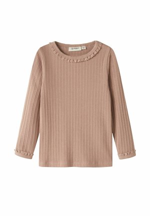 Ribbestrikket rosa langermet skjorte for småbarn med rund hals og volangkant på krage og mansjetter.