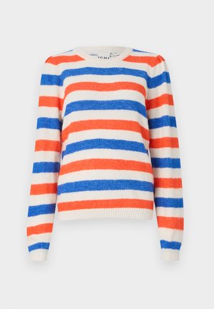 Raidallinen neulepaita, jossa on punaisia, sinisiä ja kermaisia värejä. Pehmeä texture, pyöreä pääntie ja pitkät hihat. Kuminauhareunukset hihoissa ja helmassa.