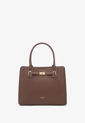 Bruine textuur leren handtas met dubbele handvatten, goudkleurige hardware en een voorste sluiting. Kenmerkt zich door een gestructureerde rechthoekige vorm.