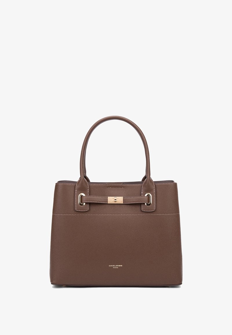 Borsa a mano in pelle marrone con texture, manici doppi, accessori in tono oro e clasp anteriore. Presenta una forma rettangolare strutturata.