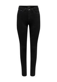 Jeans skinny neri in denim. Presentano una silhouette aderente, il classico design a cinque tasche e una chiusura con zip e bottone.