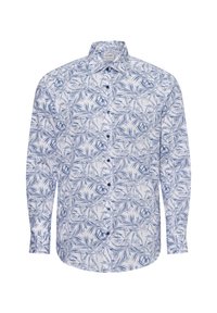 Langärmliges Hemd mit Knopfleiste, das ein blau-weißes Blättermuster aufweist. Es besteht aus leichtem Stoff, hat einen klassischen Kragen und schwarze Knöpfe.