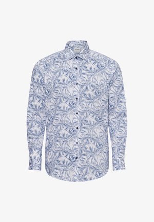 Langärmliges Hemd mit Knopfleiste, das ein blau-weißes Blättermuster aufweist. Es besteht aus leichtem Stoff, hat einen klassischen Kragen und schwarze Knöpfe.