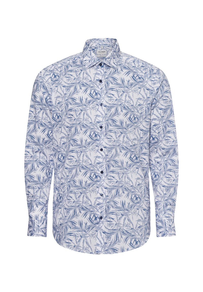 Langärmliges Hemd mit Knopfleiste, das ein blau-weißes Blättermuster aufweist. Es besteht aus leichtem Stoff, hat einen klassischen Kragen und schwarze Knöpfe.