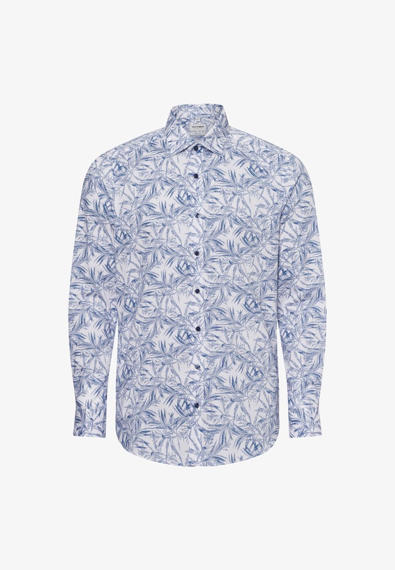 Langärmliges Hemd mit Knopfleiste, das ein blau-weißes Blättermuster aufweist. Es besteht aus leichtem Stoff, hat einen klassischen Kragen und schwarze Knöpfe.
