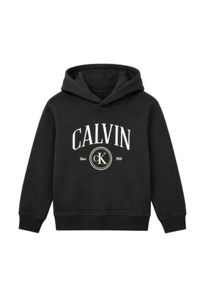 Felpa nera con cappuccio con testo bianco "CALVIN" e logo cerchiato "cK" centrato sopra polsini e orlo a costine.