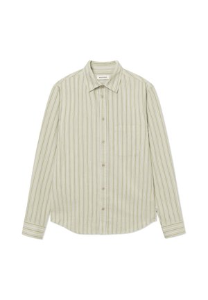 Lysegrøn langærmet skjorte med knapper, med vertikale tynde hvide og beige striber og en brystlomme på venstre side.