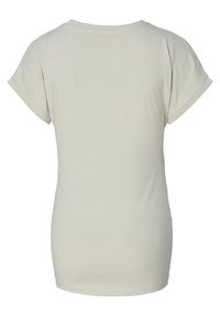 Hellbeige, kurzärmliges T-Shirt mit Rundhalsausschnitt, von hinten gezeigt, mit schlichten Nähten an den Ärmeln und dem Saum.