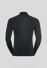 Zwarte sportshirt met lange mouwen en een hoge kraag, van gestructureerde stof met een ruitpatroon, en een slim fit ontwerp voor ergonomische beweging.