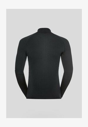 Black long-sleeve athletic shirt with a high collar, textured fabric featuring a grid pattern, and a fitted design for ergonomic movement.
