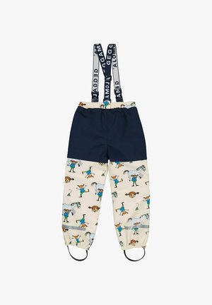 Børne vandtætte bukser med navy øverste del, printede ben med motiv af en pige og en hest, justerbare seler og ankelremme med reflekser.