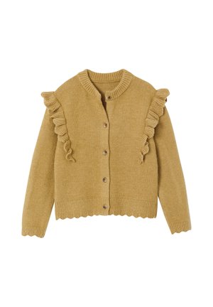 Mustard yellow knitted cardigan with button closure and ruffled details along the shoulder seams, featuring ribbed cuffs and hem.