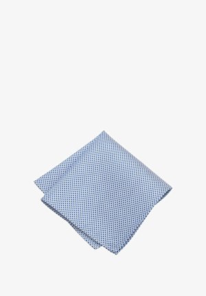 Light blue pocket square with a small dark blue dot pattern, neatly folded on a white background.