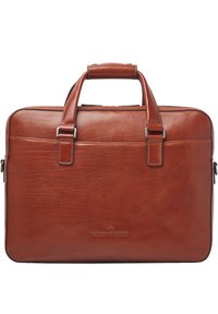 Borsa per laptop in pelle marrone con doppi manici, chiusura con zip e tasca frontale. Presenta una finitura testurizzata e un branding discreto sul davanti.