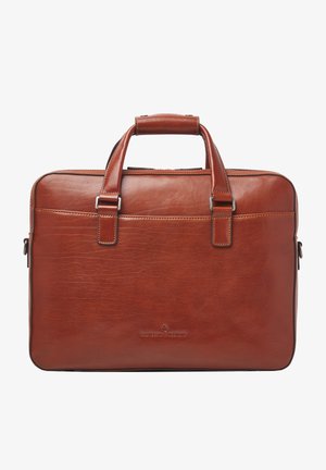 Bruine leren laptop tas met dubbele handvatten, ritssluiting en een voorvak. Kenmerkt zich door een gestructureerde afwerking en subtiele branding aan de voorkant.